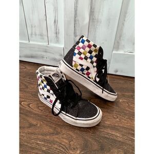VANS WOMENS 5 HIGH TOP SNEAKERS SHOES BLACK WHITE COLORFUL GLITTER CHECKERBOARD